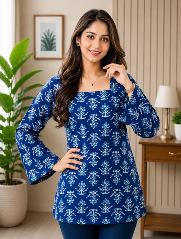 Blue_Rayon_Relaxed_Fit_Floral_Print_Tie-Up_Sleeve_Kurti_For_Women