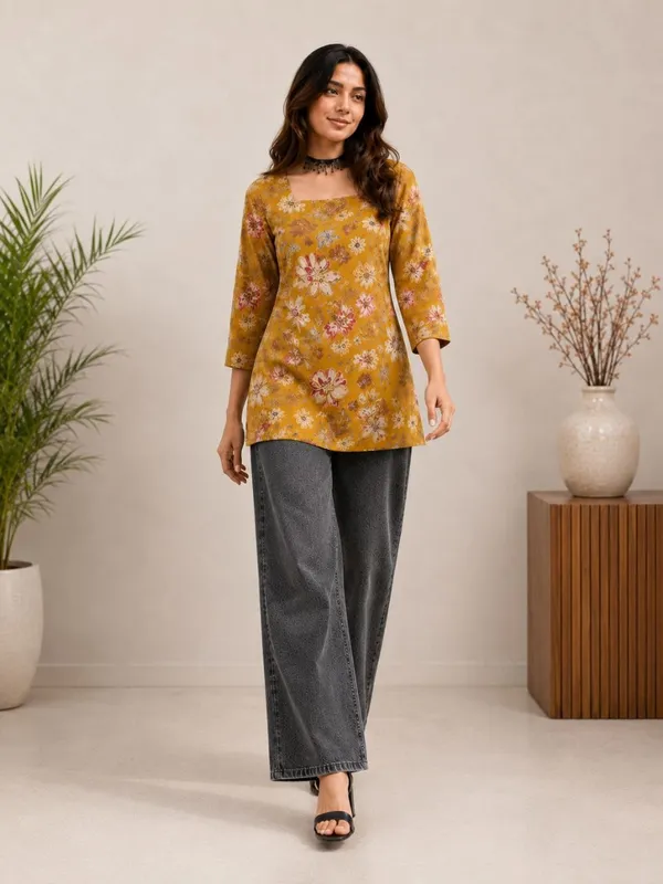 Mustard_Vartican_Straight_Floral_Print_Short_Kurti_For_Women