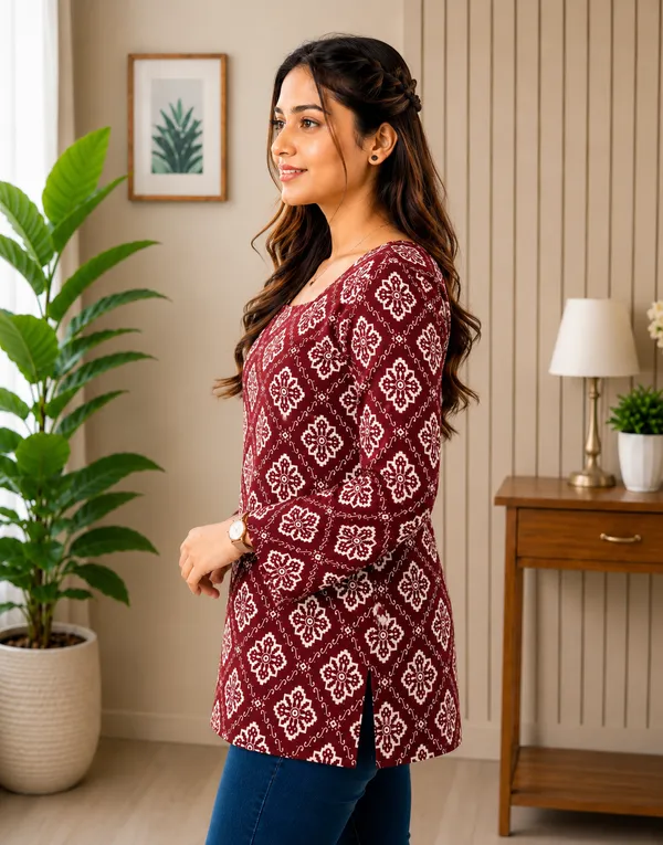 Maroon_Rayon_Floral_Print_Regular_Fit_Tunic_Kurti_For_Women