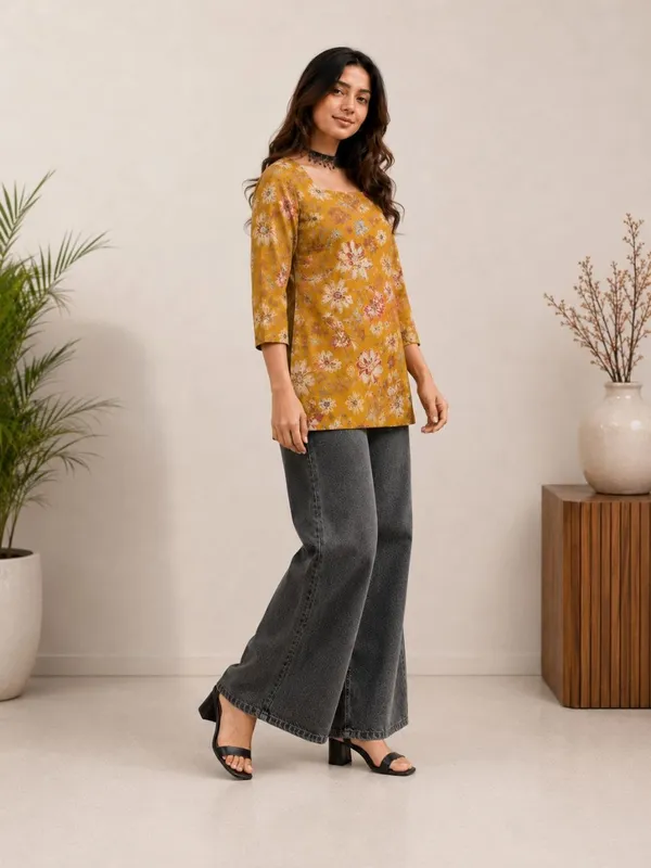 Mustard_Vartican_Straight_Floral_Print_Short_Kurti_For_Women