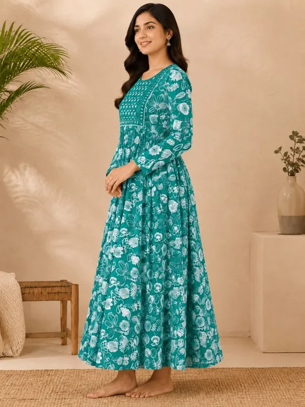 Teal_Rayon_Flared_Floral_Print_Anarkali_Kurta_For_Women