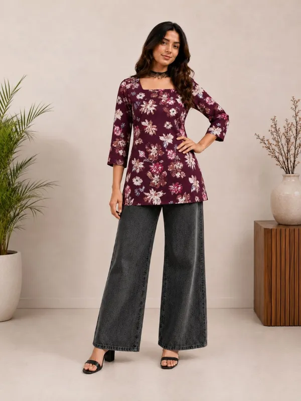 Maroon_Vartican_Straight_Floral_Print_Short_Kurti_For_Women