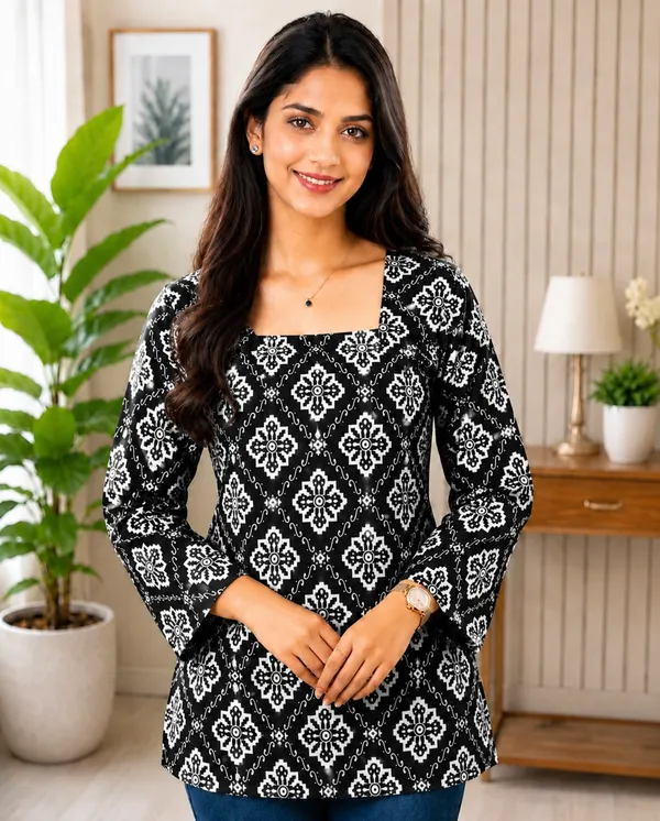 Black_Rayon_Geometric_Print_Regular_Fit_Short_Kurti_For_Women