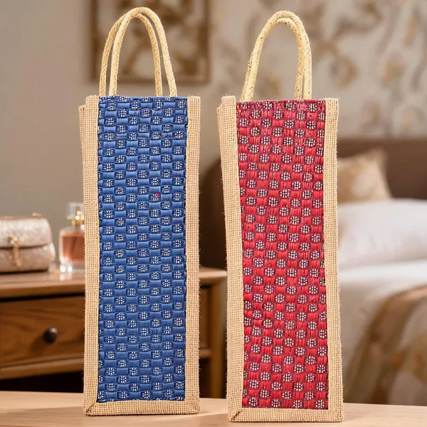 Pack_Of_2_Blue_Red_Jute_Woven_Checkered_Bottle_Bag_For_Everyone