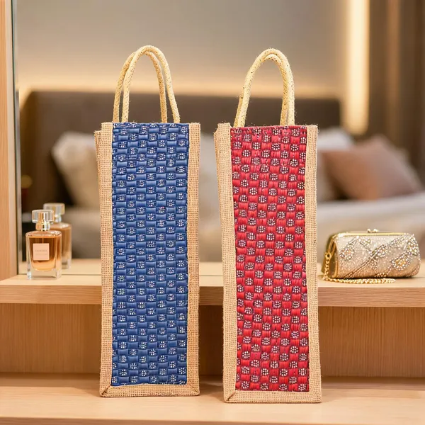 Pack_Of_2_Blue_Red_Jute_Woven_Checkered_Bottle_Bag_For_Everyone