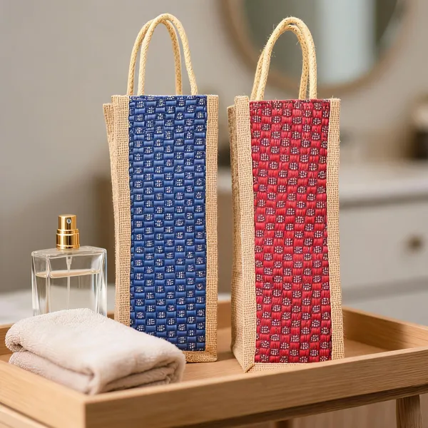 Pack_Of_2_Blue_Red_Jute_Woven_Checkered_Bottle_Bag_For_Everyone