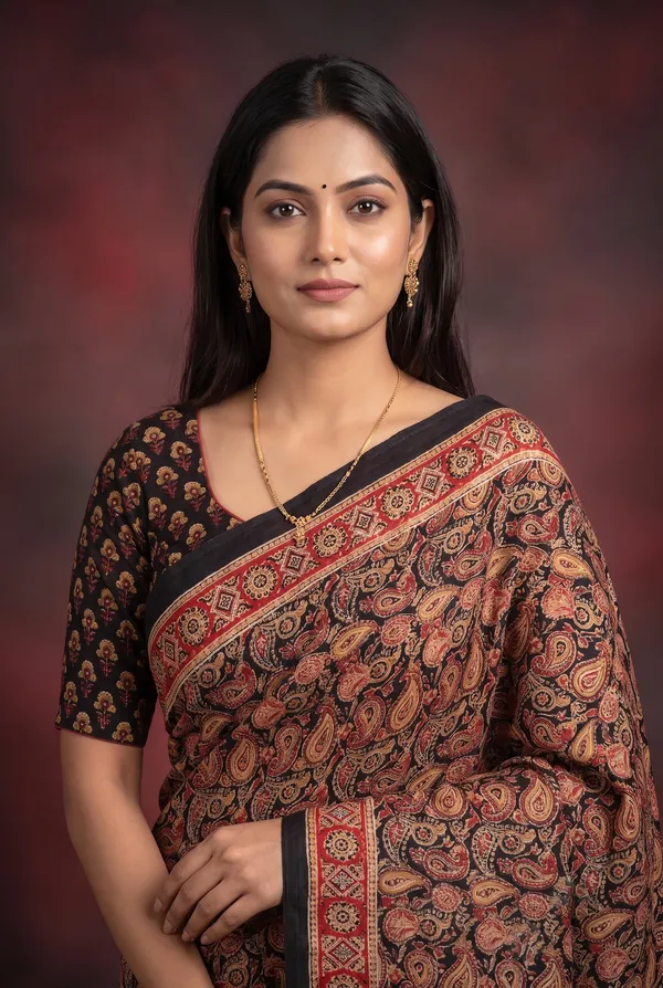 Silk_Ajrakh_print_with_mirror_work_saree