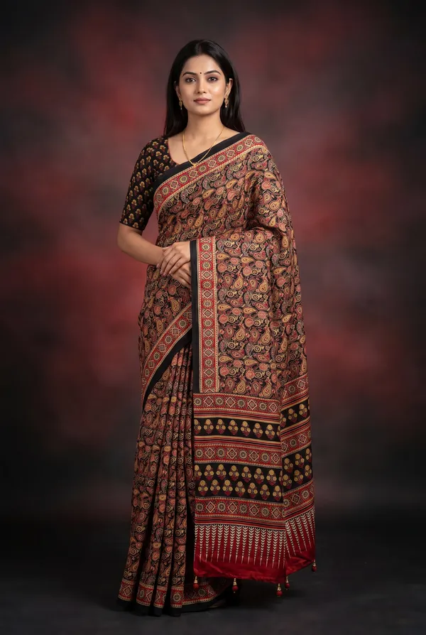 Silk_Ajrakh_print_with_mirror_work_saree