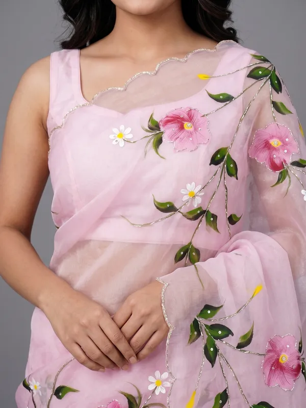 Hand_Printed_Bead_work_Organze_Saree