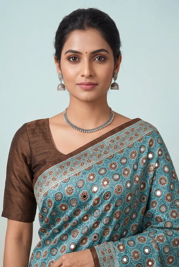 Crepe_Ajrakh_print_with_mirror_work_saree