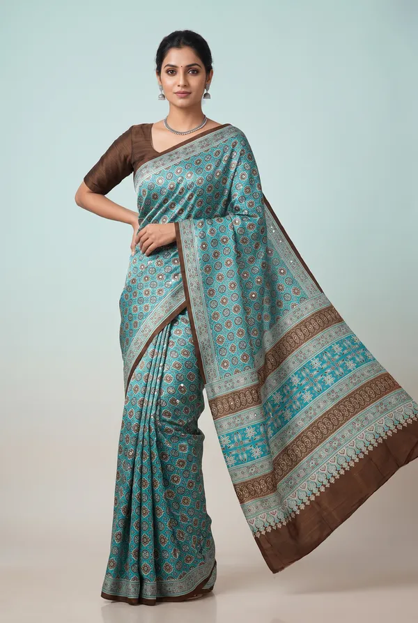Crepe_Ajrakh_print_with_mirror_work_saree