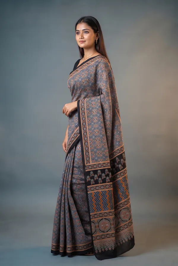 Silk_Ajrakh_print_with_mirror_work_saree