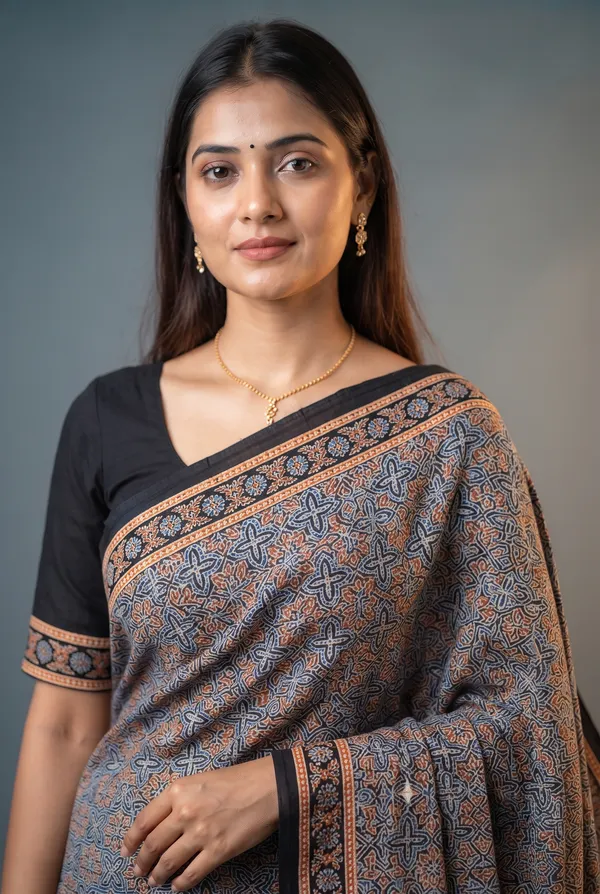 Silk_Ajrakh_print_with_mirror_work_saree