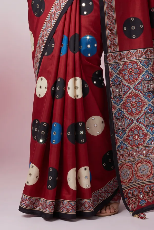 Crepe_Ajrakh_print_with_mirror_work_saree