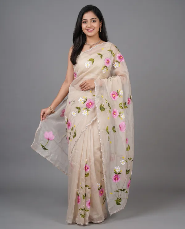 Hand_Printed_Bead_work_Organze_Saree