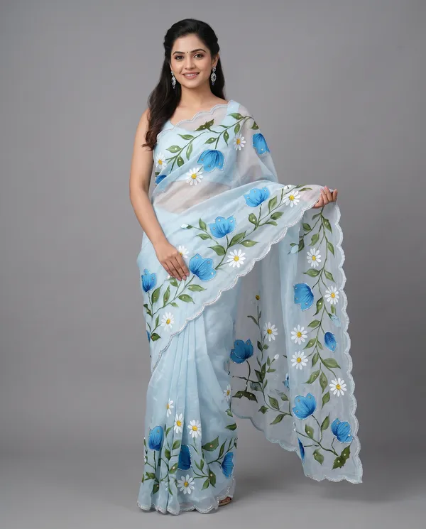 Hand_Printed_Bead_work_Organze_Saree