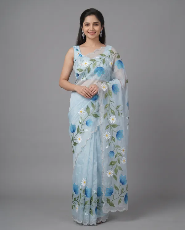 Hand_Printed_Bead_work_Organze_Saree