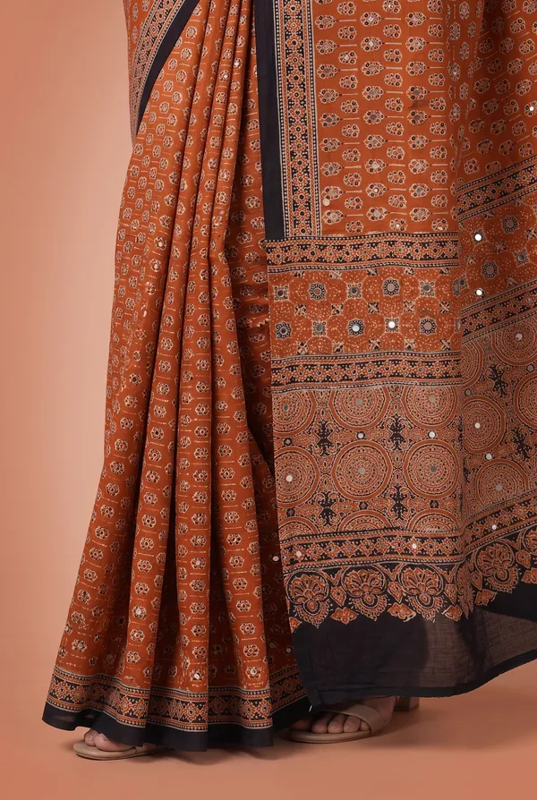 Crepe_Ajrakh_print_with_mirror_work_saree