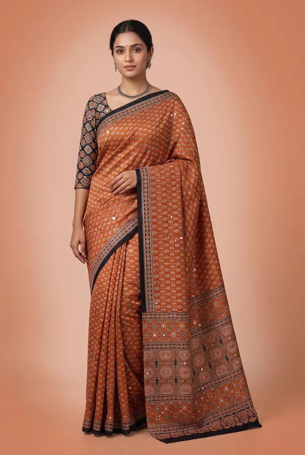 Crepe_Ajrakh_print_with_mirror_work_saree
