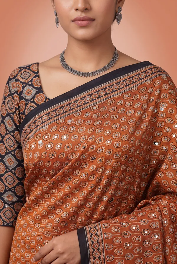 Crepe_Ajrakh_print_with_mirror_work_saree