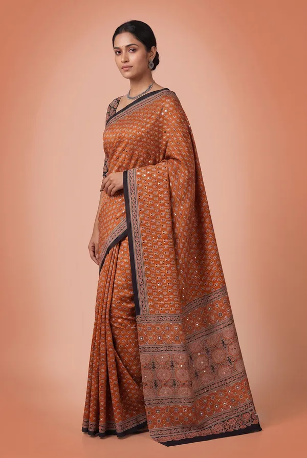 Crepe_Ajrakh_print_with_mirror_work_saree