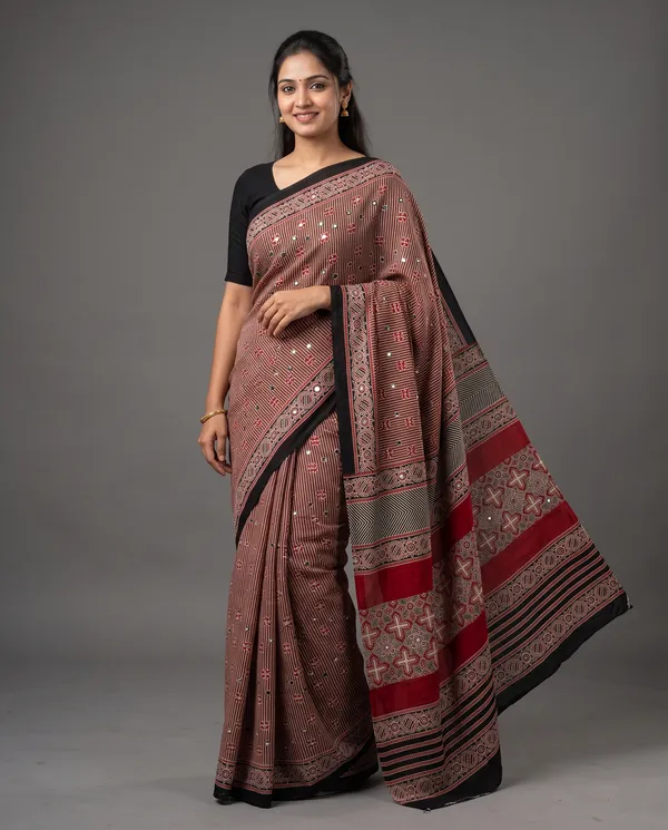 Crepe_Ajrakh_print_with_mirror_work_saree