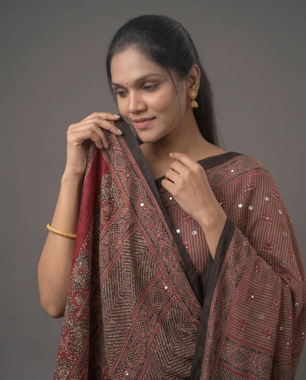 Crepe_Ajrakh_print_with_mirror_work_saree