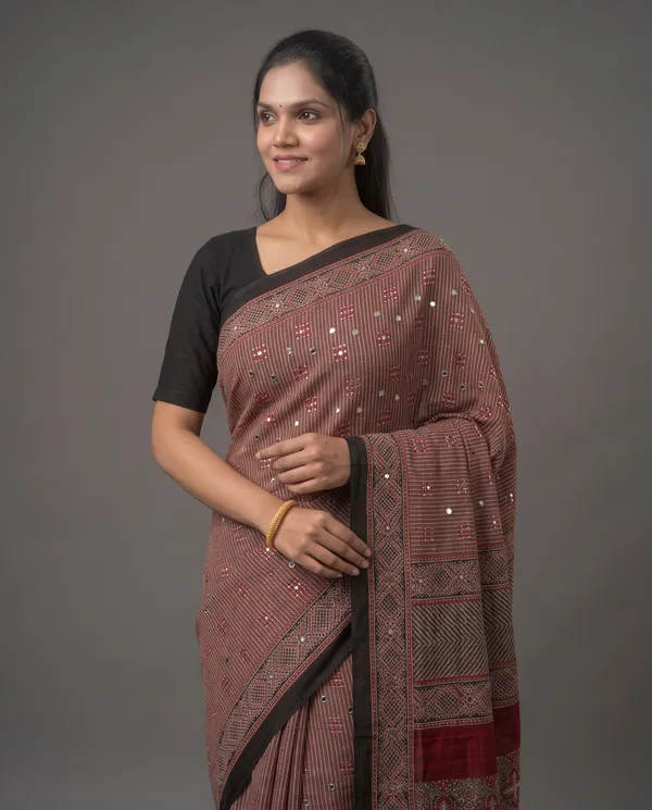 Crepe_Ajrakh_print_with_mirror_work_saree