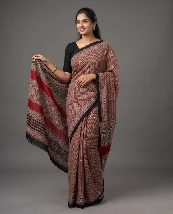 Crepe_Ajrakh_print_with_mirror_work_saree