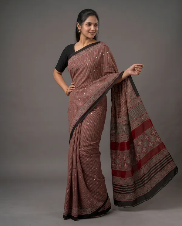 Crepe_Ajrakh_print_with_mirror_work_saree