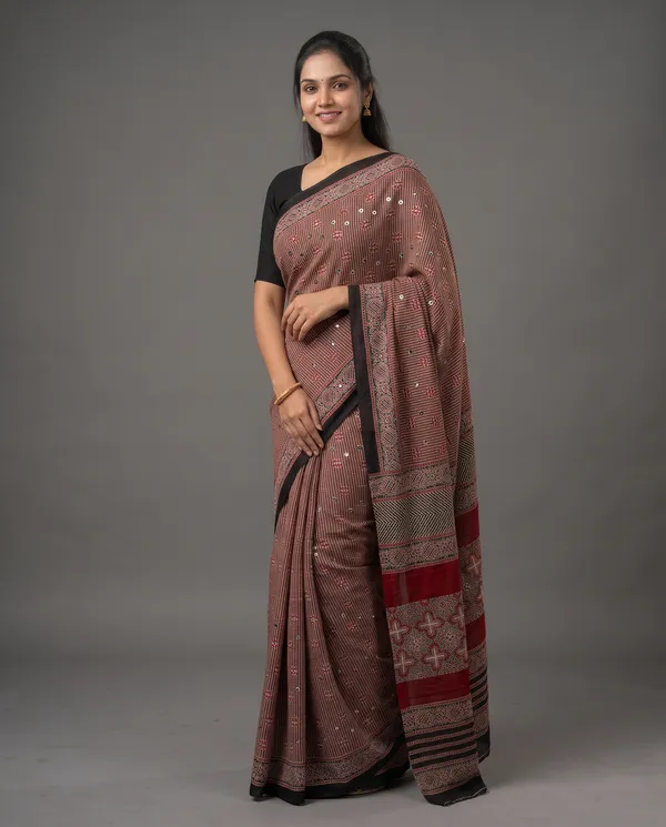 Crepe_Ajrakh_print_with_mirror_work_saree