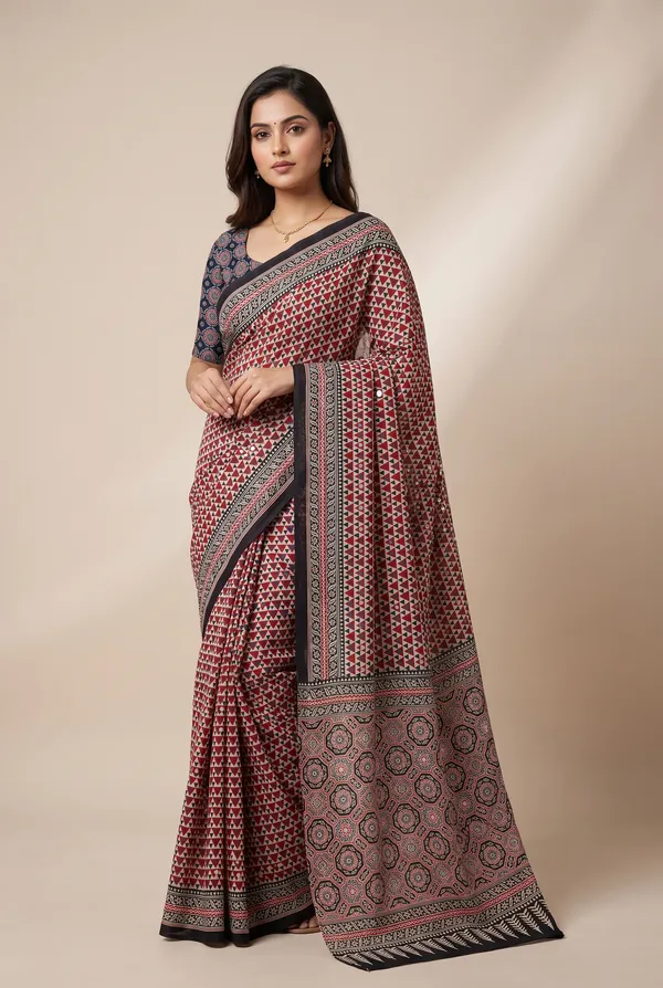 Silk_Ajrakh_print_with_mirror_work_saree