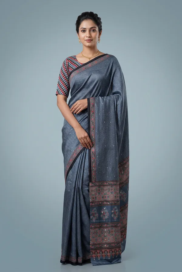 Silk_Ajrakh_print_with_mirror_work_saree