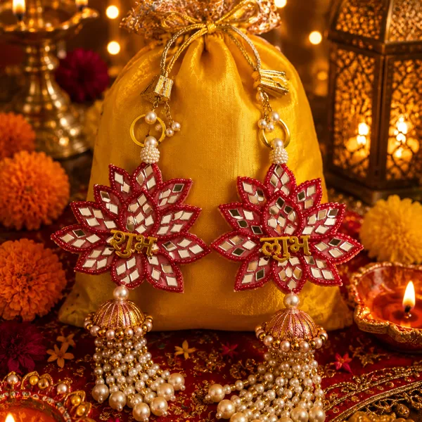 Jute_Festive_Diwali_Pink_Gift_Basket_With_Yellow_&_Red_Shubh_Labh_Potlis