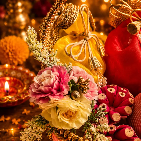 Jute_Festive_Diwali_Pink_Gift_Basket_With_Yellow_&_Red_Shubh_Labh_Potlis