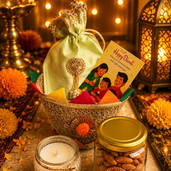 Artecasa_Multicolour_Jute_Diwali_Gift_Basket_With_Matka_Candle_&_Potli
