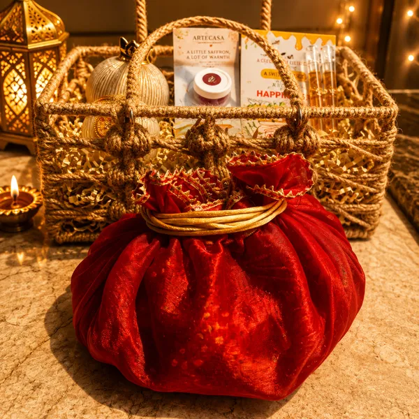 Jute_Festive_Diwali_Red_Net_Gift_Basket_With_Potli_Toran_&_Matka_Candle