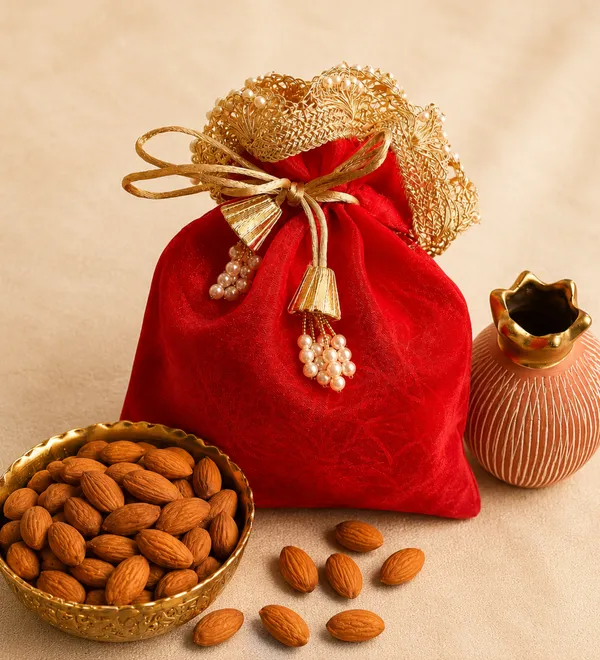 Jute_Festive_Diwali_Pink_Gift_Basket_With_Yellow_&_Red_Shubh_Labh_Potlis