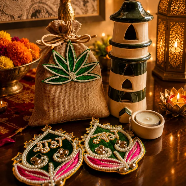 Jute_Festive_Diwali_Green_Tealight_Home_Decor_With_Shubh_Labh_Potli