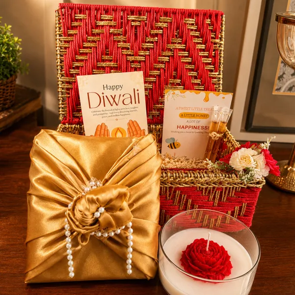 Metal_Festive_Diwali_Red_Gift_Basket_With_Flower_Candle_&_Tealight_Holder