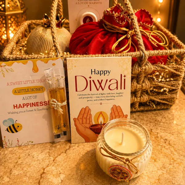 Jute_Festive_Diwali_Red_Net_Gift_Basket_With_Potli_Toran_&_Matka_Candle