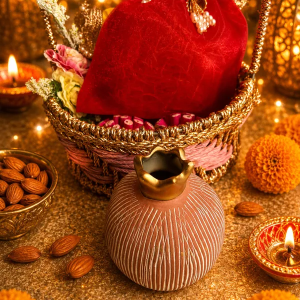 Jute_Festive_Diwali_Pink_Gift_Basket_With_Yellow_&_Red_Shubh_Labh_Potlis