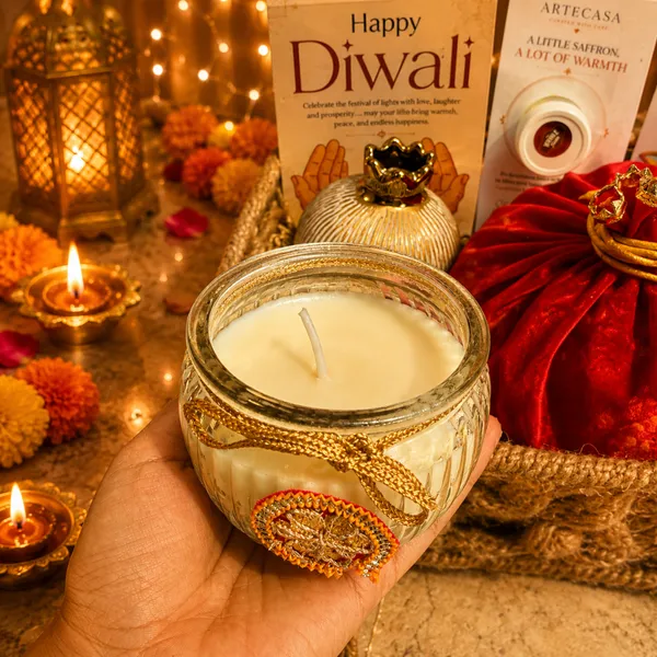 Jute_Festive_Diwali_Red_Net_Gift_Basket_With_Potli_Toran_&_Matka_Candle