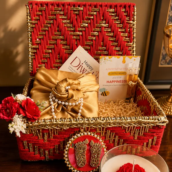 Metal_Festive_Diwali_Red_Gift_Basket_With_Flower_Candle_&_Tealight_Holder