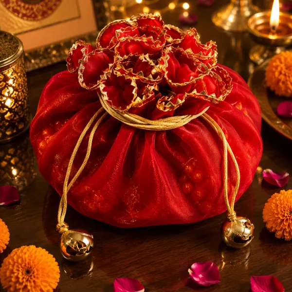 Jute_Festive_Diwali_Red_Net_Gift_Basket_With_Potli_Toran_&_Matka_Candle