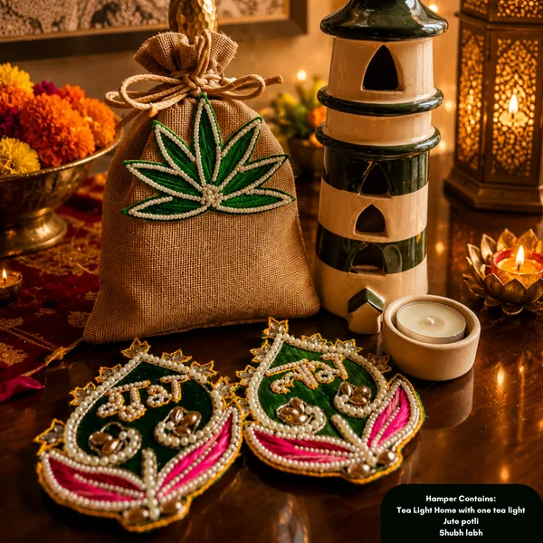 Jute_Festive_Diwali_Green_Tealight_Home_Decor_With_Shubh_Labh_Potli