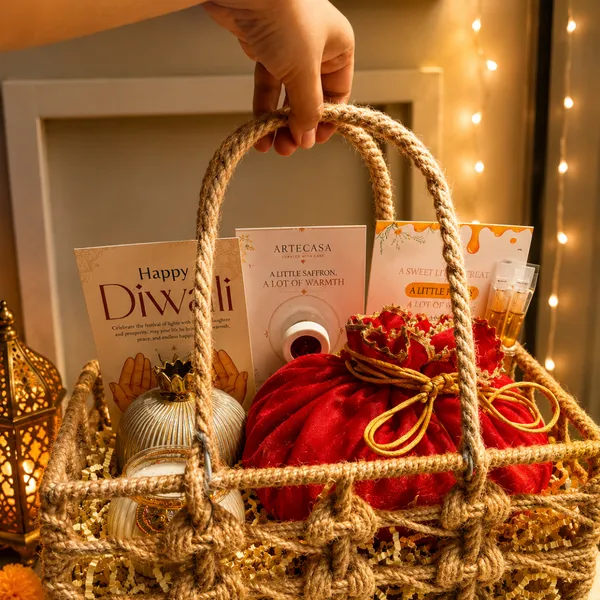 Jute_Festive_Diwali_Red_Net_Gift_Basket_With_Potli_Toran_&_Matka_Candle