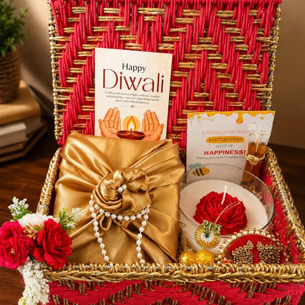 Metal_Festive_Diwali_Red_Gift_Basket_With_Flower_Candle_&_Tealight_Holder