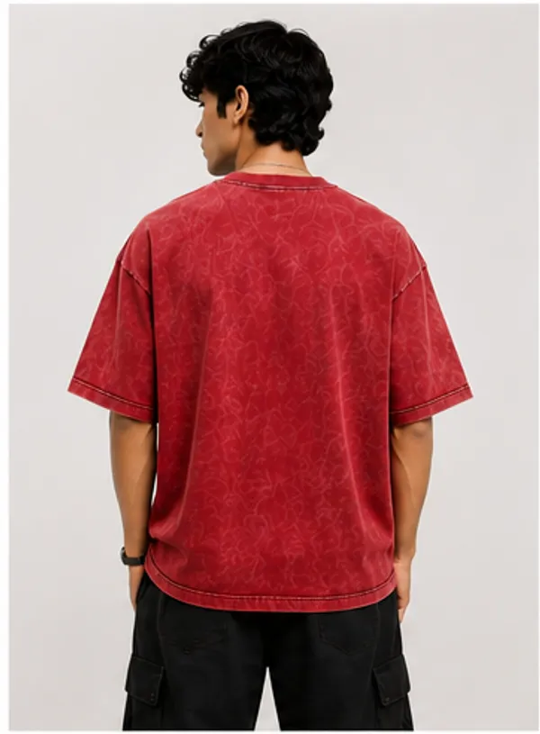 Red_Cotton_Oversized-Fit_"Acid_Wash"_T-Shirt_For_Men