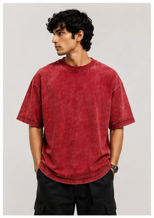 Red_Cotton_Oversized-Fit_"Acid_Wash"_T-Shirt_For_Men